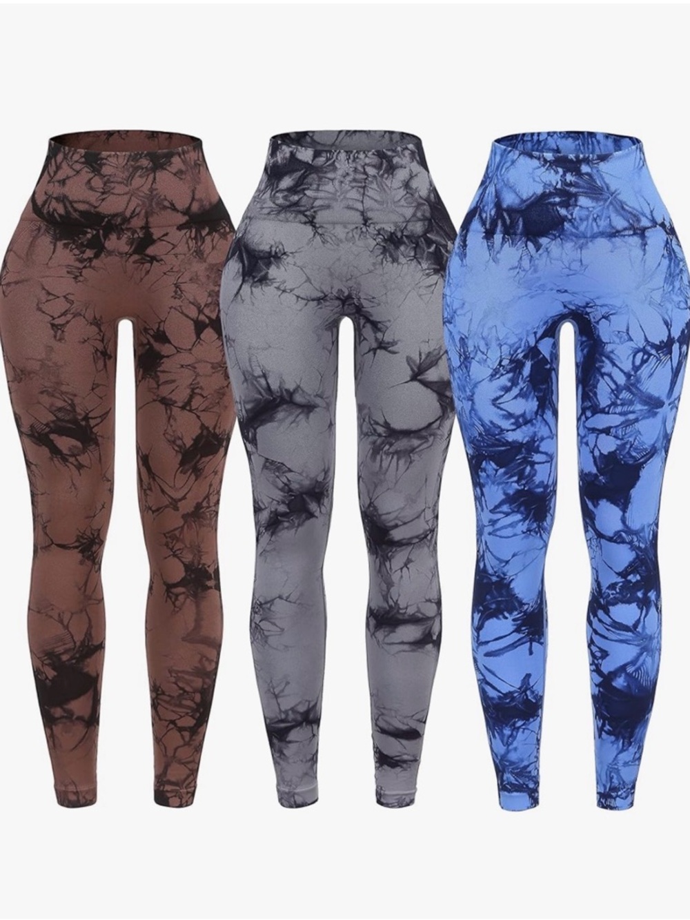 3 pack High-Waist Tie-Dye Workout Leggings - Brown, Gray & Blue